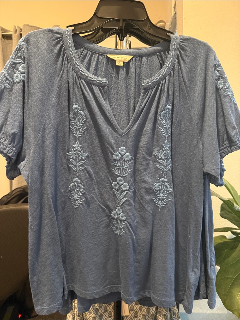 Lucky Brand Dusty Blue Embroidered V-Neck Blouse